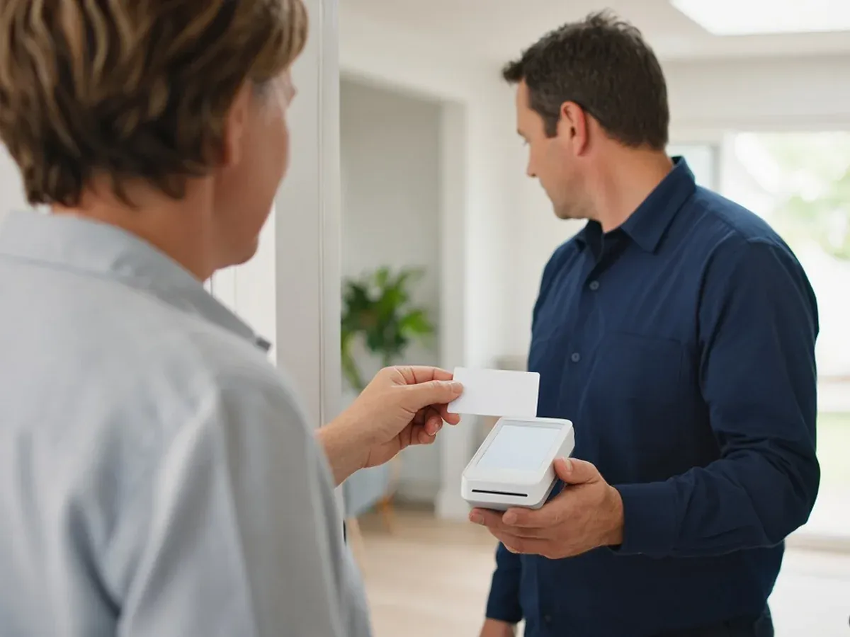 Contractor holding a handheld card terminal while a homeowner pays with a card at the front door