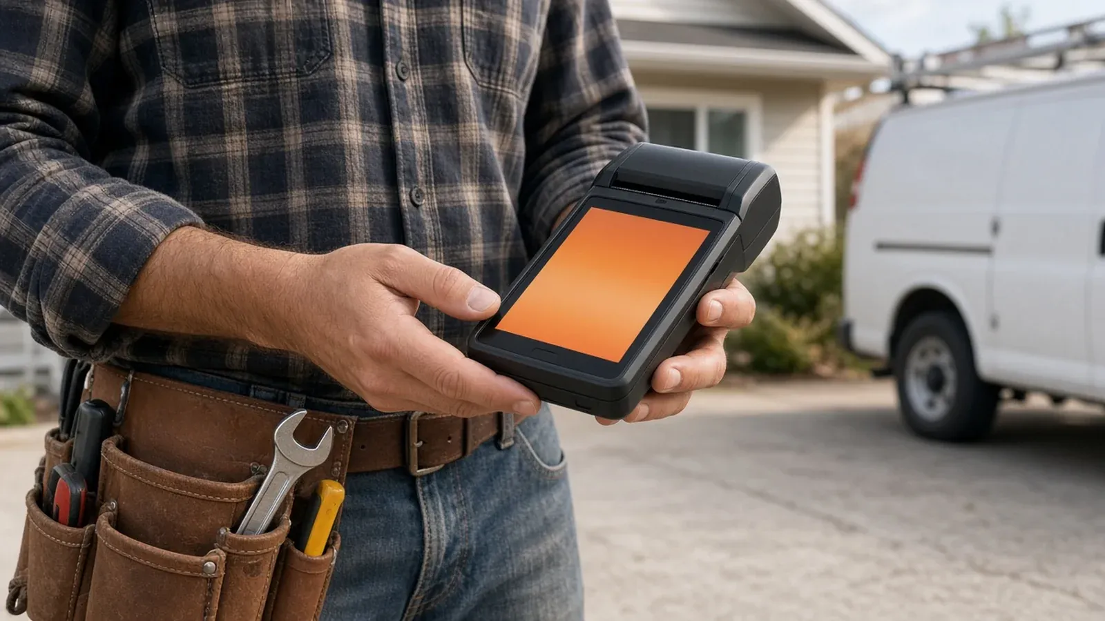 Contractor holding a handheld card terminal to take a payment at a job site