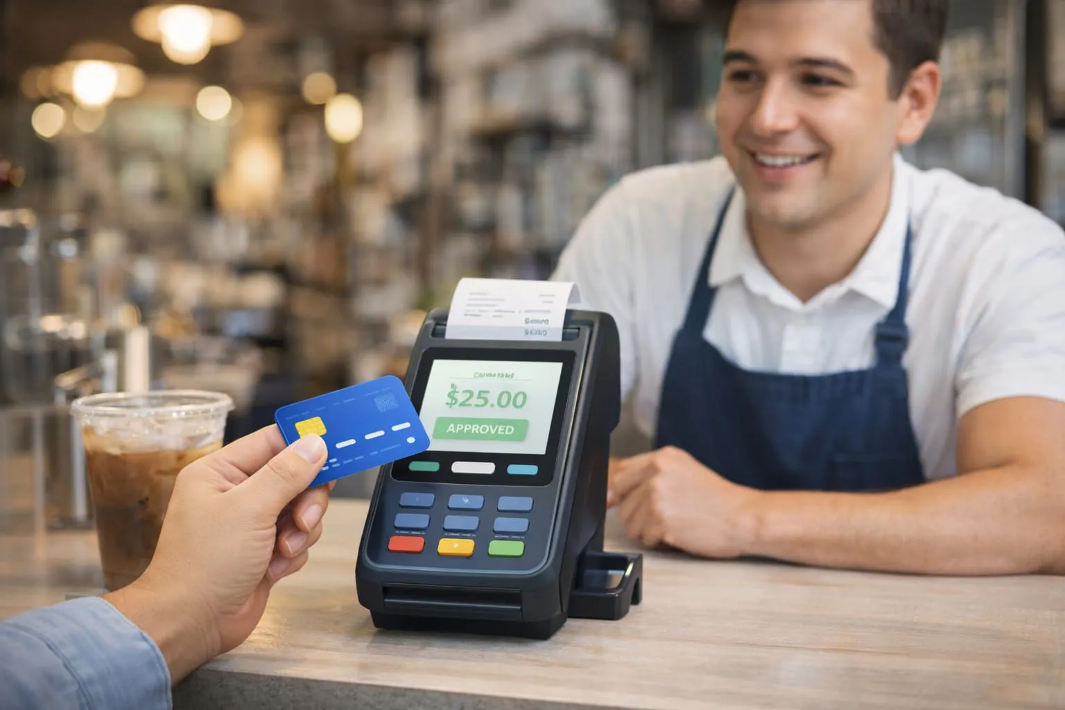 A customer holds a card to a countertop terminal showing $25.00 approved