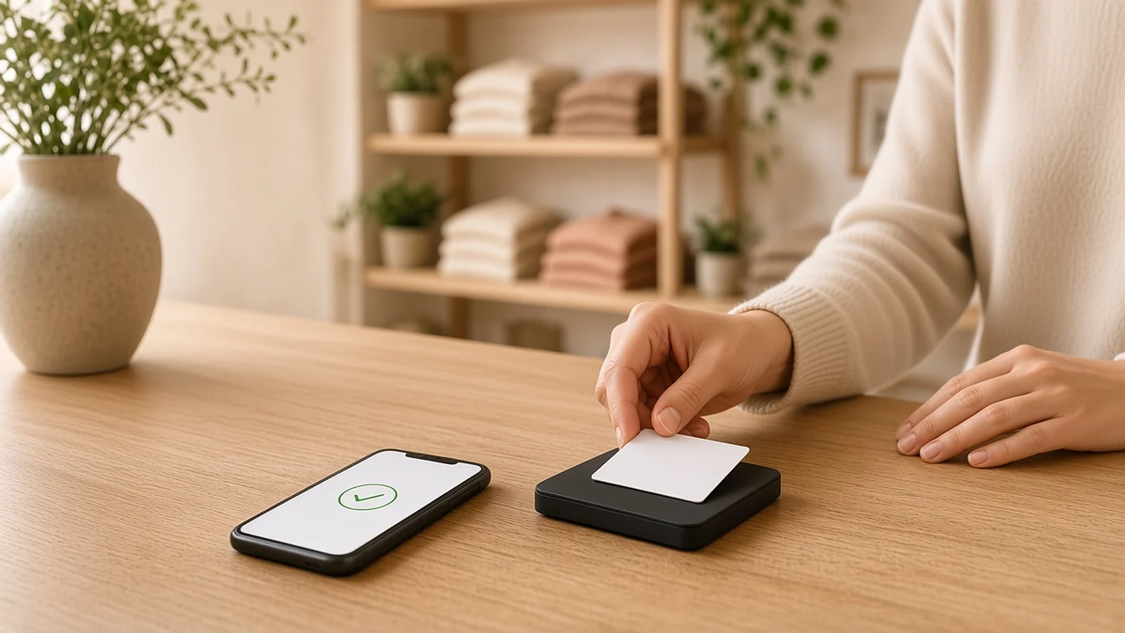 Customer tapping a card on a small black card reader paired with a smartphone payment app at a boutique counter