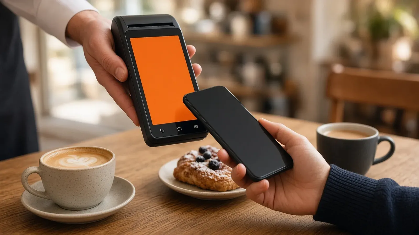 Guest tapping a phone on a handheld card terminal held out over a café table