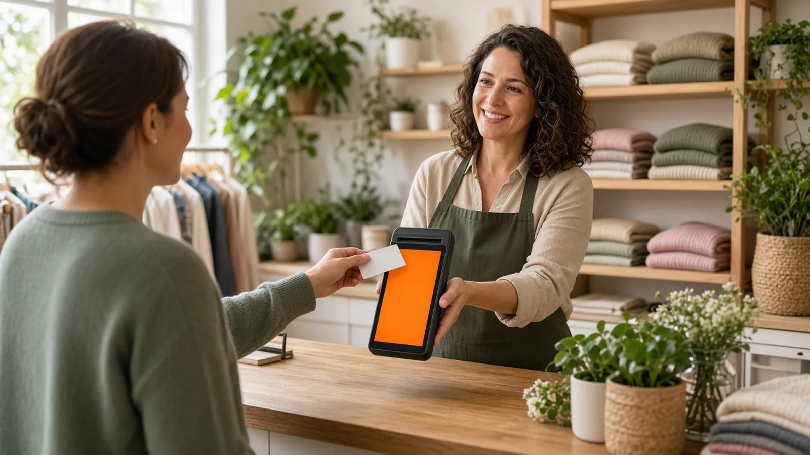 Retail shop owner taking a contactless card payment on a handheld terminal at the counter