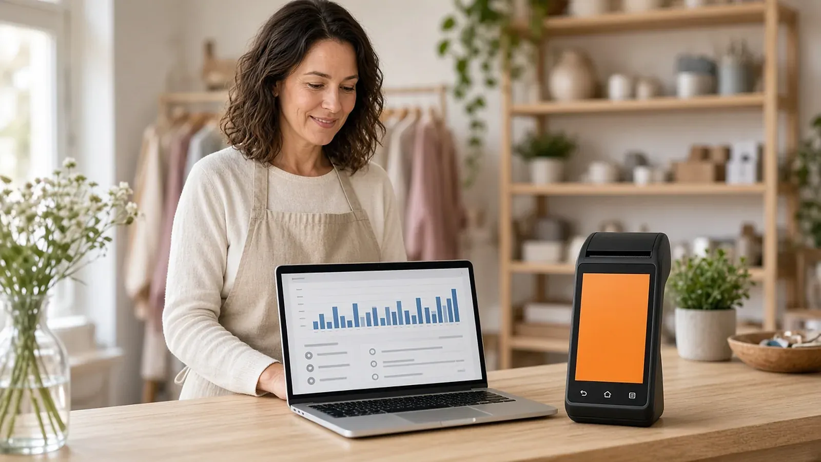 Shop owner reviewing card payments and deposits on a laptop beside a handheld card terminal