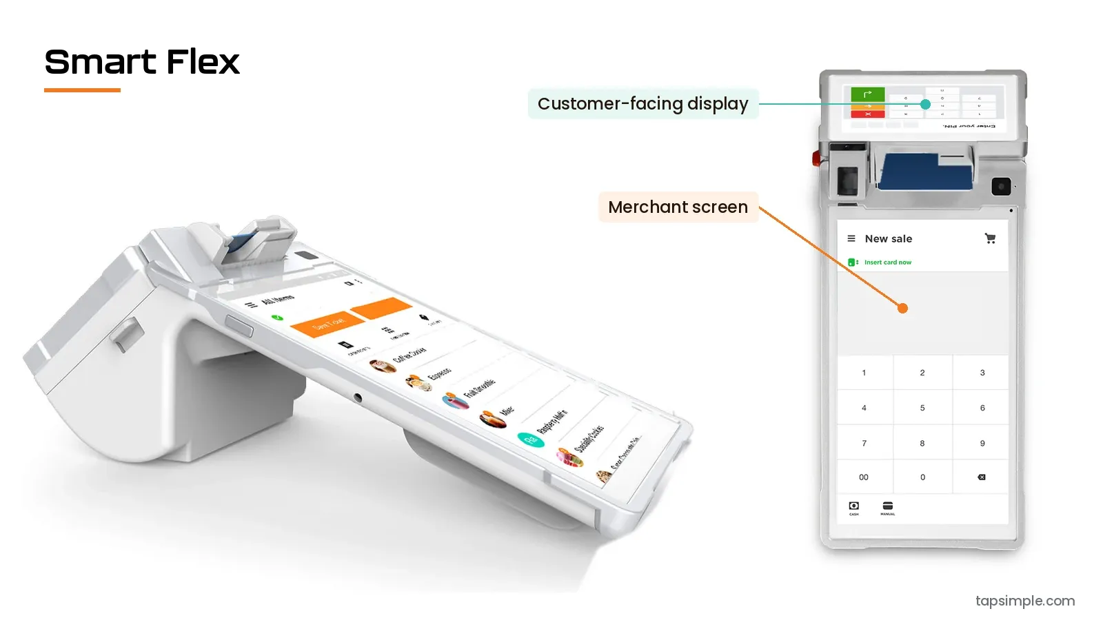 Smart Flex card terminal showing the merchant screen and the customer-facing display