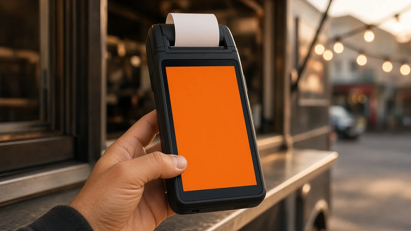 Handheld card terminal with a built-in receipt printer at a food truck service window