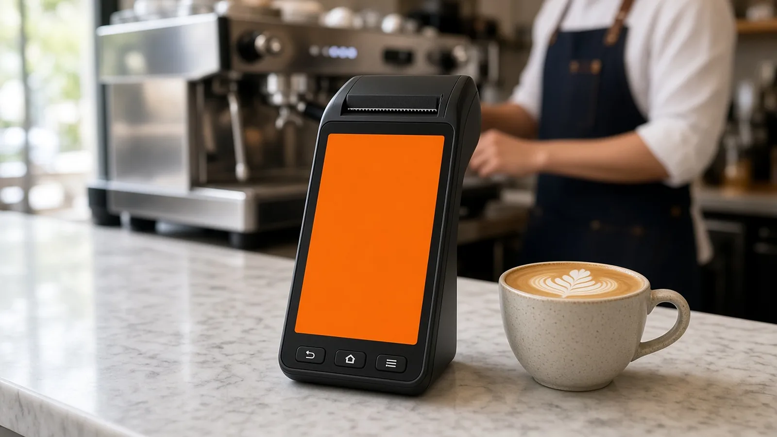 Handheld card terminal with a receipt printer beside a latte on a coffee shop counter