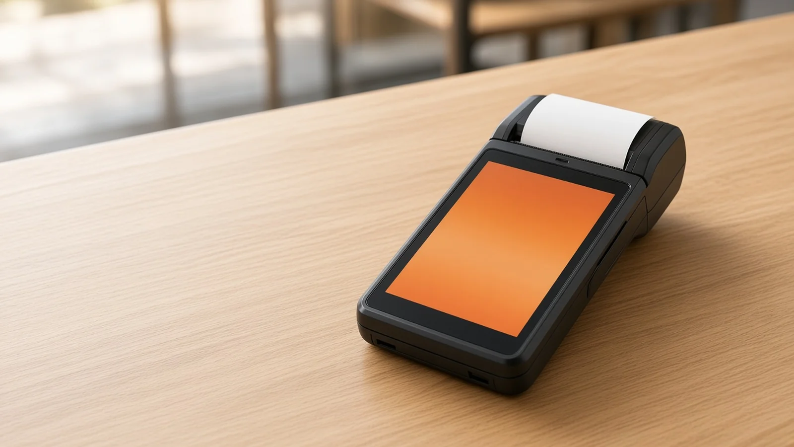 Black handheld card terminal with a receipt printer on a wooden cafe counter