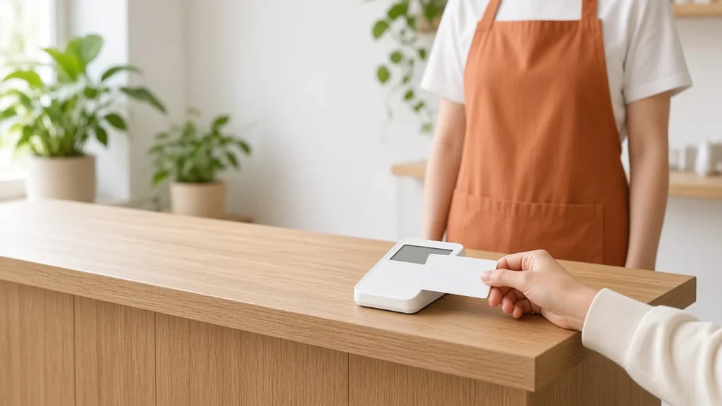 Customer tapping a card on a countertop card terminal at a bright, modern coffee shop checkout