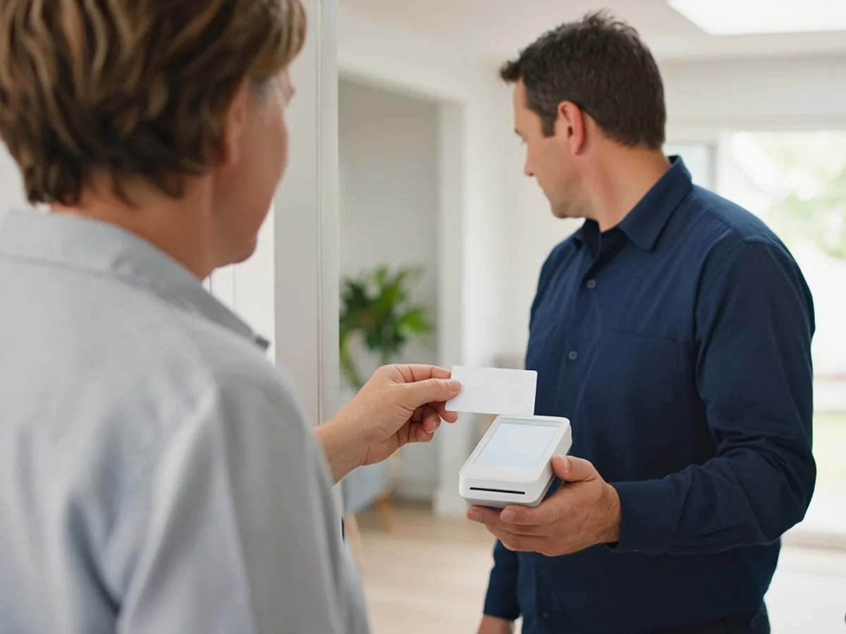 Contractor holding a handheld card terminal while a homeowner pays with a card at the front door