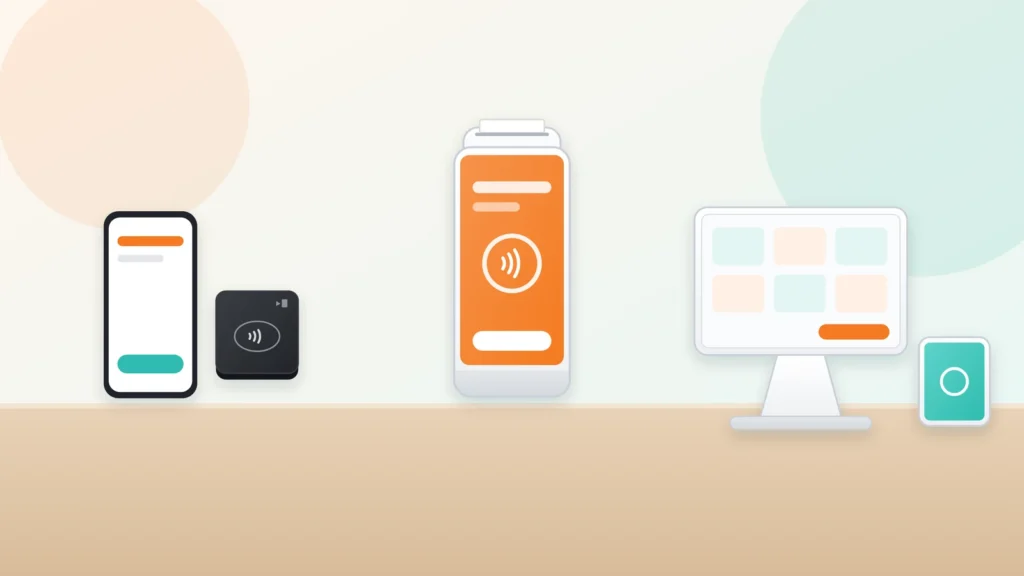 Illustration of a phone with a mobile card reader, a handheld terminal and a countertop terminal on a counter